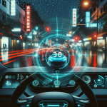 Hình ảnh màn hình HUD đang hiển thị tốc độ xe màu xanh lá trên kính lái vào ban đêm.