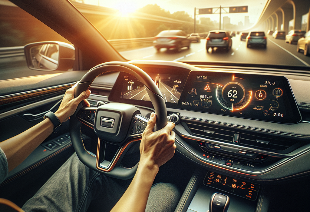 Vô lăng xe điện hiện đại với các nút điều khiển hệ thống ADAS, màn hình hiển thị thông tin hỗ trợ lái.