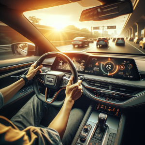 Vô lăng xe điện hiện đại với các nút điều khiển hệ thống ADAS, màn hình hiển thị thông tin hỗ trợ lái.