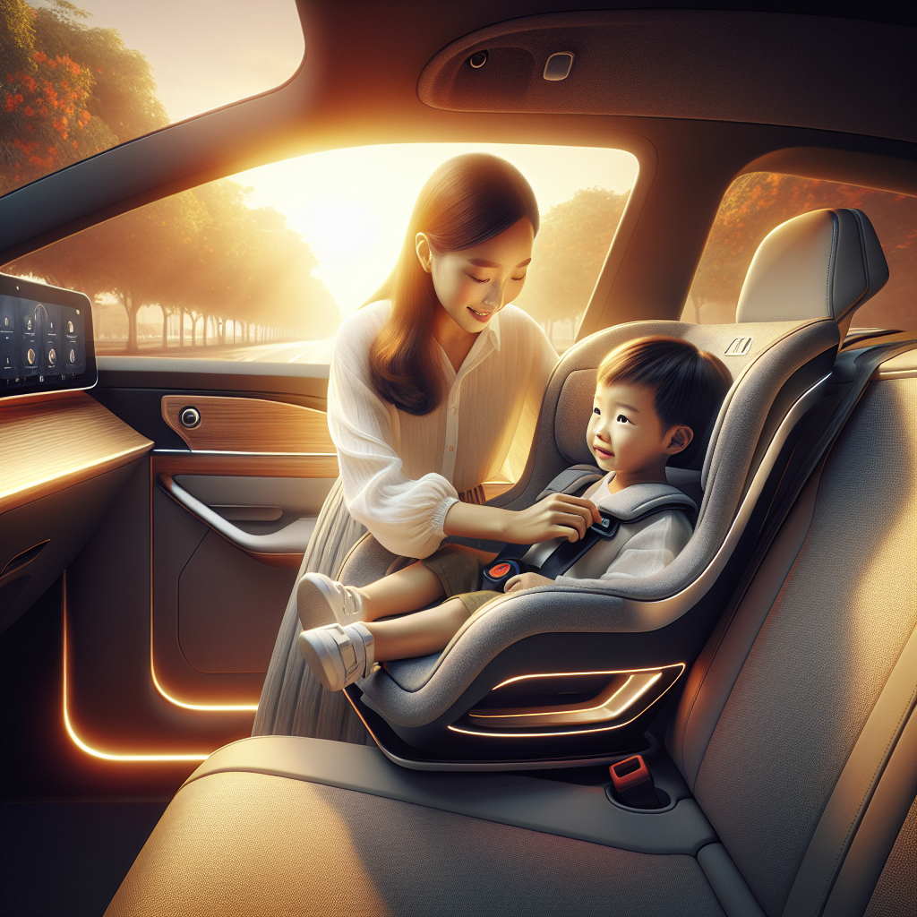 Một gia đình đang vui vẻ thắt dây an toàn cho em bé ngồi trên ghế trẻ em ở hàng ghế sau của một chiếc xe điện hiện đại.