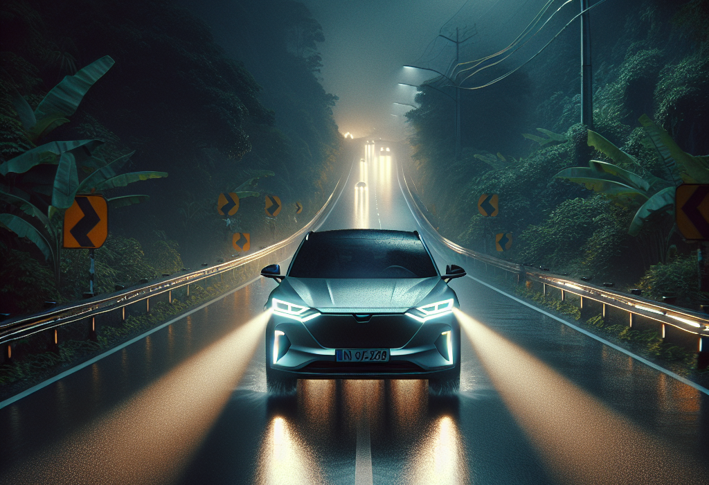 Một chiếc xe điện hiện đại đang di chuyển trên đường cao tốc vào ban đêm, với luồng đèn pha thích ứng chiếu sáng rõ con đường phía trước và tạo vùng tối cho xe ngược chiều.