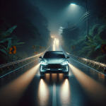Một chiếc xe điện hiện đại đang di chuyển trên đường cao tốc vào ban đêm, với luồng đèn pha thích ứng chiếu sáng rõ con đường phía trước và tạo vùng tối cho xe ngược chiều.
