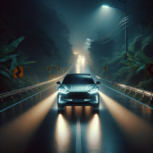 Một chiếc xe điện hiện đại đang di chuyển trên đường cao tốc vào ban đêm, với luồng đèn pha thích ứng chiếu sáng rõ con đường phía trước và tạo vùng tối cho xe ngược chiều.