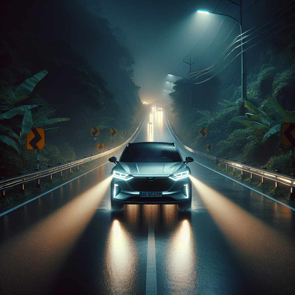 Một chiếc xe điện hiện đại đang di chuyển trên đường cao tốc vào ban đêm, với luồng đèn pha thích ứng chiếu sáng rõ con đường phía trước và tạo vùng tối cho xe ngược chiều.