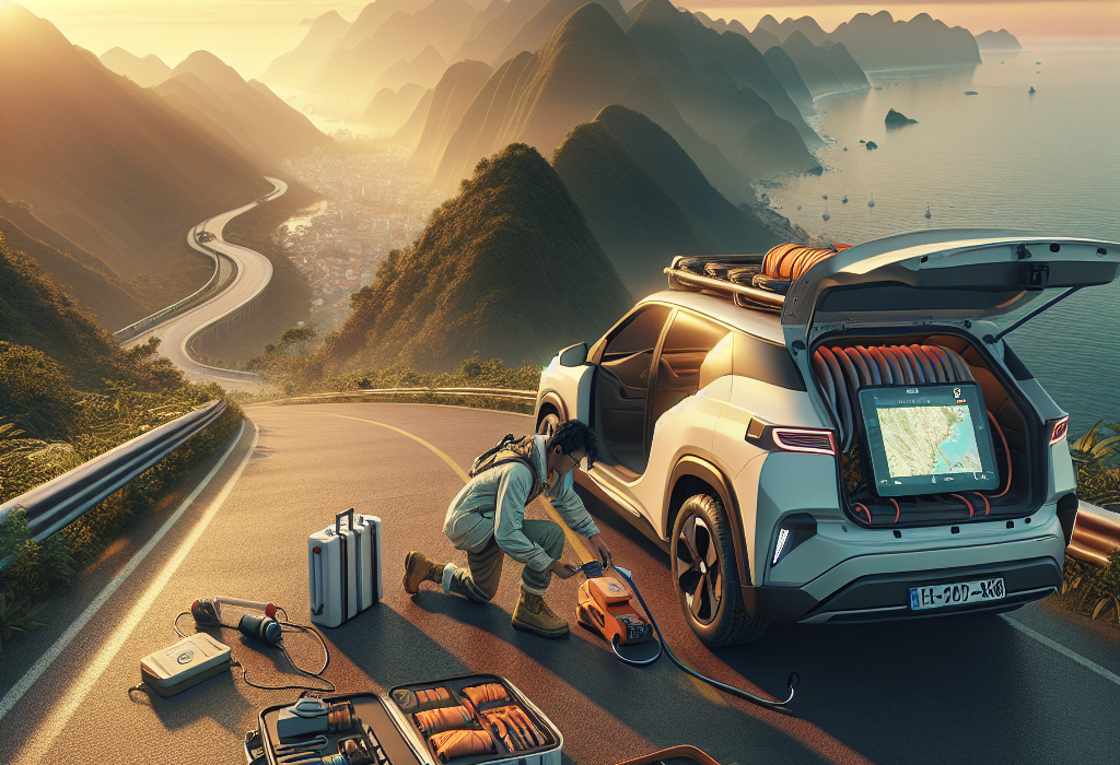 Một chiếc xe ô tô điện VinFast màu trắng đang sạc tại trạm sạc nhanh bên cạnh đường quốc lộ có cảnh núi non phía xa.