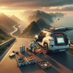 Một chiếc xe ô tô điện VinFast màu trắng đang sạc tại trạm sạc nhanh bên cạnh đường quốc lộ có cảnh núi non phía xa.