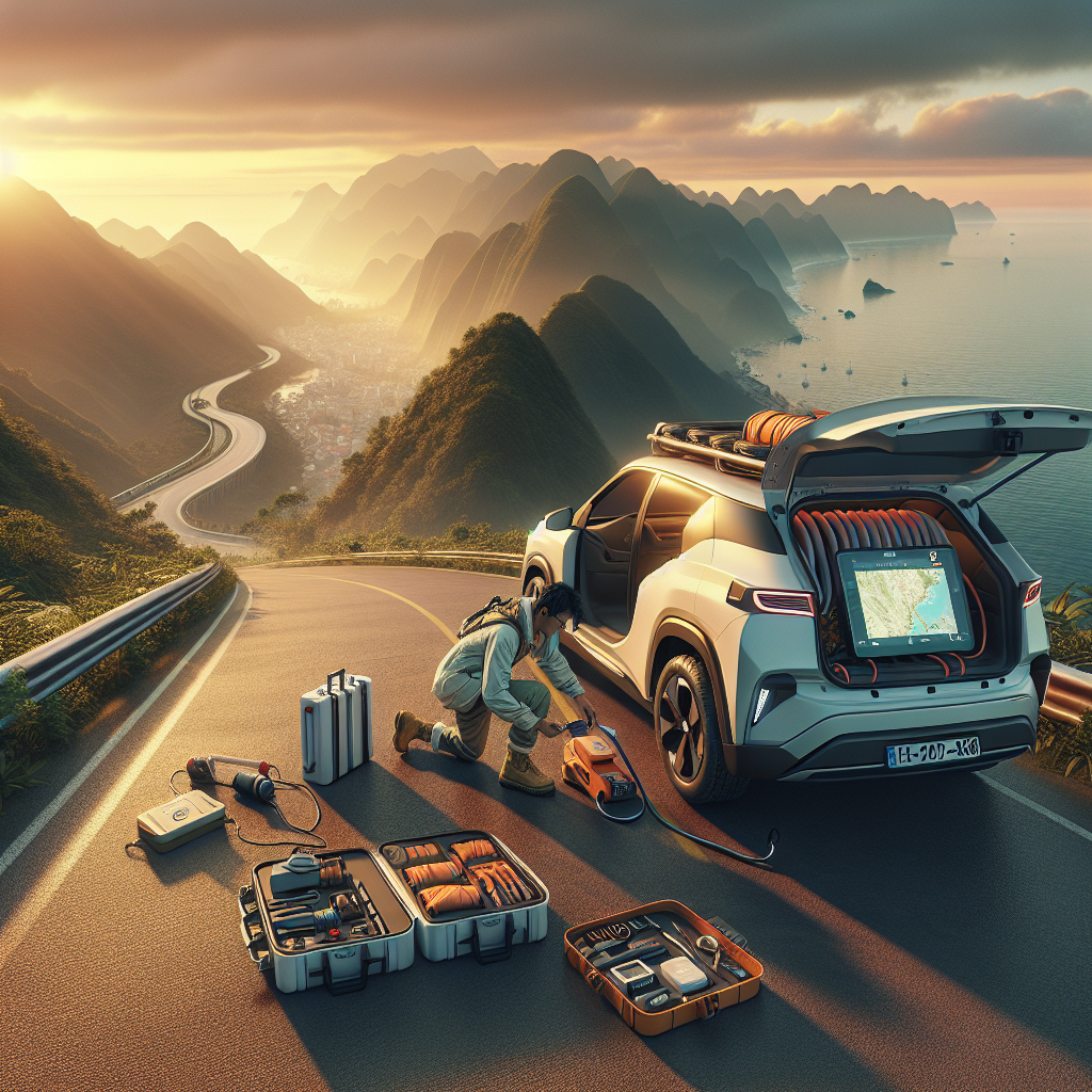 Một chiếc xe ô tô điện VinFast màu trắng đang sạc tại trạm sạc nhanh bên cạnh đường quốc lộ có cảnh núi non phía xa.