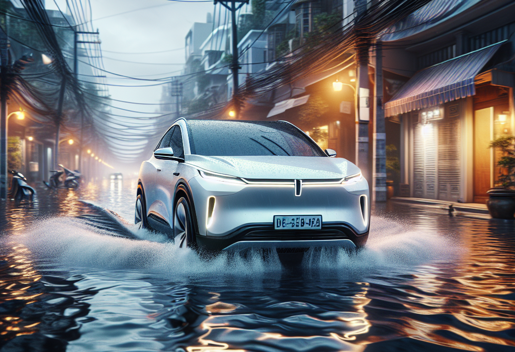 Một chiếc xe điện màu trắng đang di chuyển qua một con đường bị ngập nước trong thành phố.
