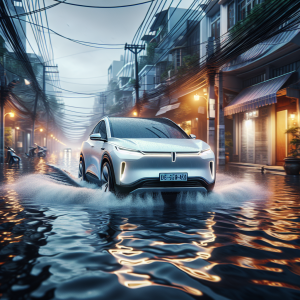 Một chiếc xe điện màu trắng đang di chuyển qua một con đường bị ngập nước trong thành phố.