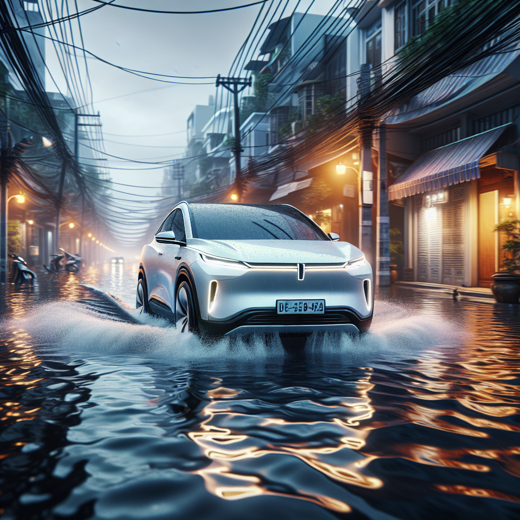 Một chiếc xe điện màu trắng đang di chuyển qua một con đường bị ngập nước trong thành phố.