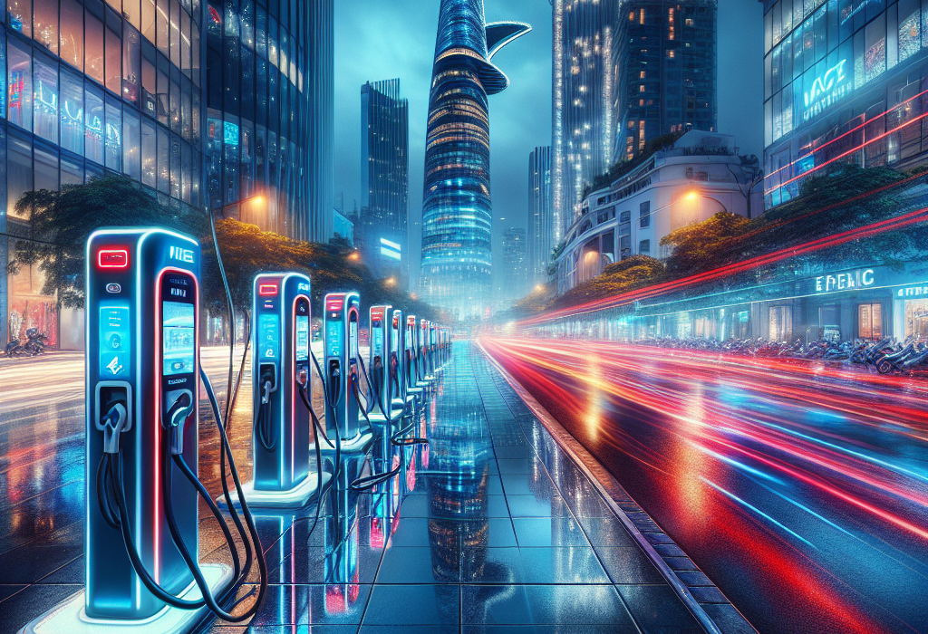 Logo Tesla màu đỏ trên nền một trạm sạc Supercharger hiện đại.