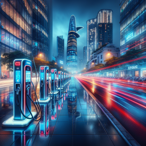 Logo Tesla màu đỏ trên nền một trạm sạc Supercharger hiện đại.