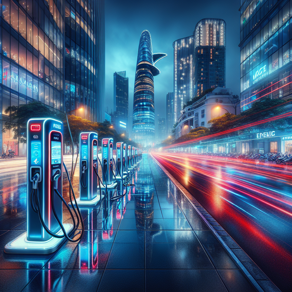 Logo Tesla màu đỏ trên nền một trạm sạc Supercharger hiện đại.