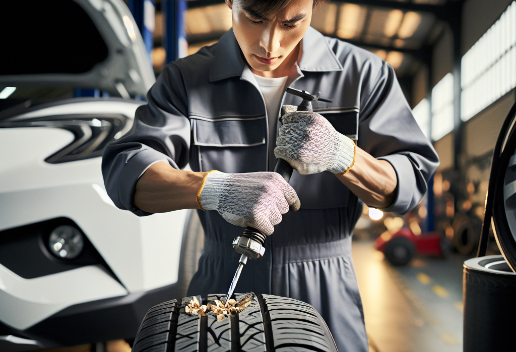 Kỹ thuật viên đang thực hiện vá nấm cho một chiếc lốp xe điện không săm tại xưởng.