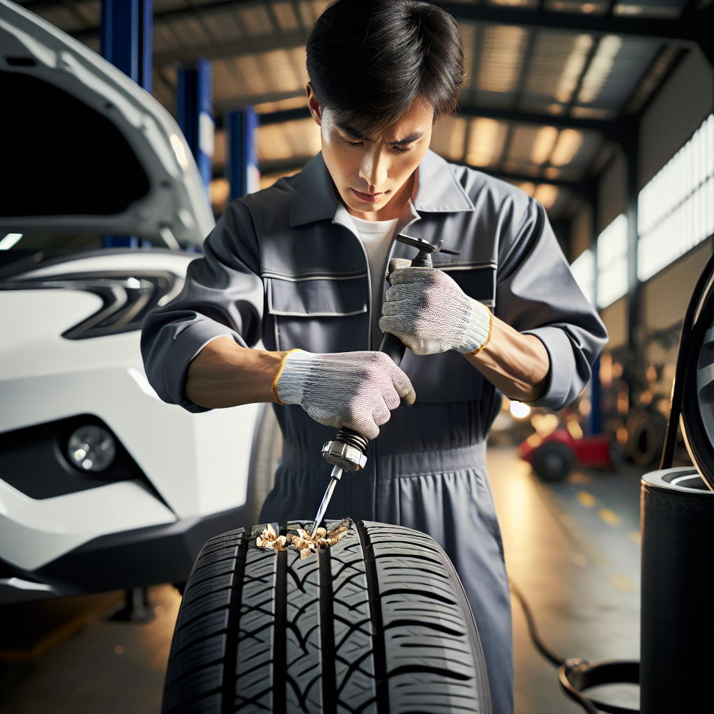 Kỹ thuật viên đang thực hiện vá nấm cho một chiếc lốp xe điện không săm tại xưởng.