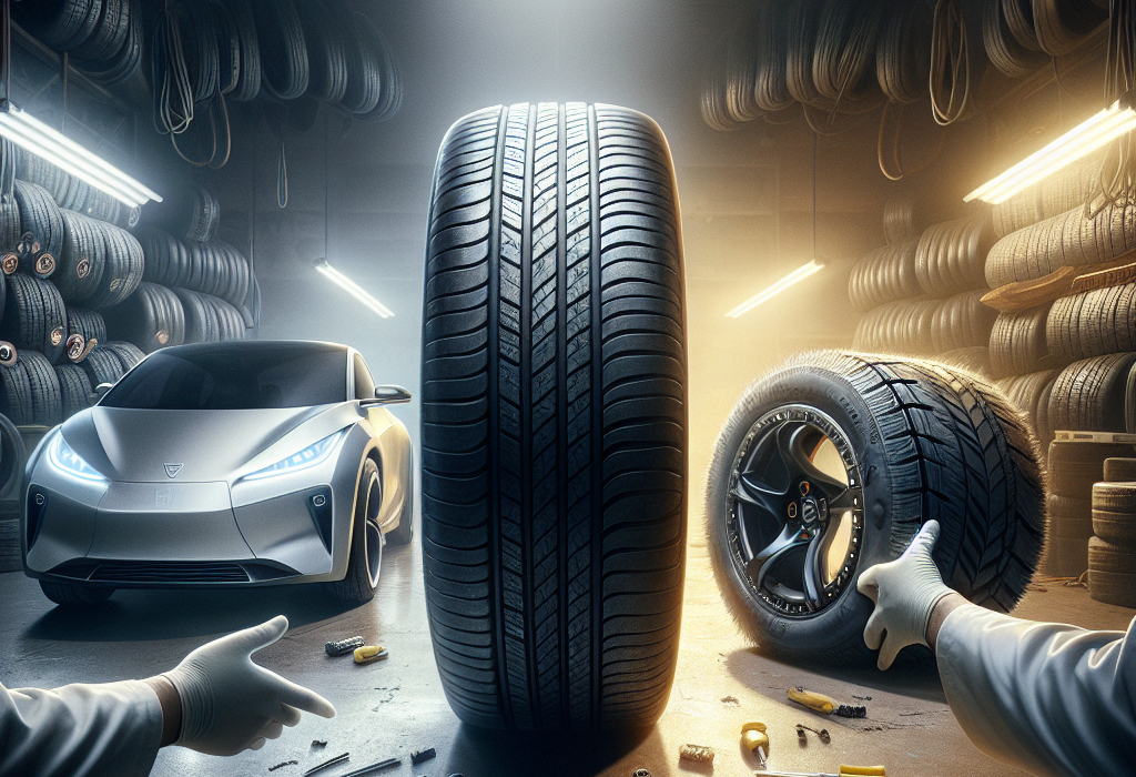 Một chiếc lốp xe điện cũ bị mòn đặt cạnh một chiếc lốp mới, thể hiện sự tương phản về độ an toàn và tình trạng.