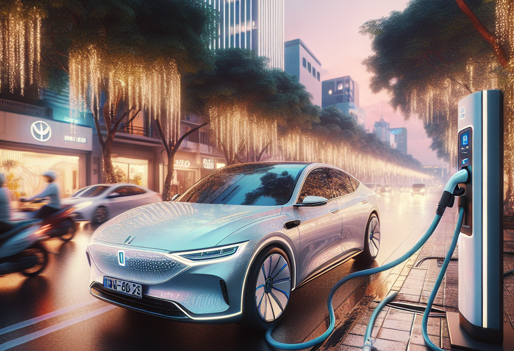 Một chiếc xe điện màu trắng hiện đại đang được cắm sạc tại trạm sạc công cộng vào ban đêm.