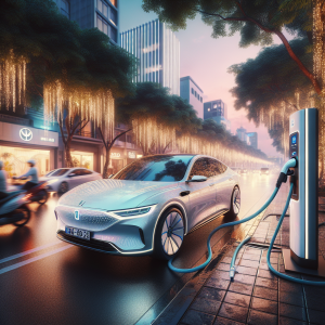 Một chiếc xe điện màu trắng hiện đại đang được cắm sạc tại trạm sạc công cộng vào ban đêm.