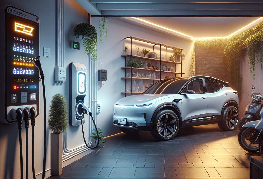 Một chiếc ô tô điện VinFast màu trắng đang được sạc pin trong garage gia đình, bộ sạc treo tường đang hoạt động.