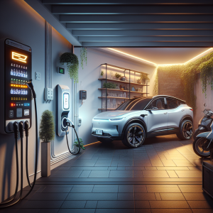 Một chiếc ô tô điện VinFast màu trắng đang được sạc pin trong garage gia đình, bộ sạc treo tường đang hoạt động.