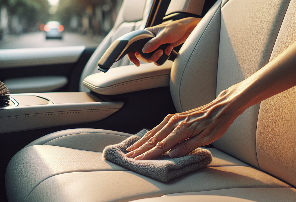 Nội thất xe điện với ghế da vegan màu trắng đang được lau chùi bằng khăn microfiber.