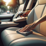 Nội thất xe điện với ghế da vegan màu trắng đang được lau chùi bằng khăn microfiber.