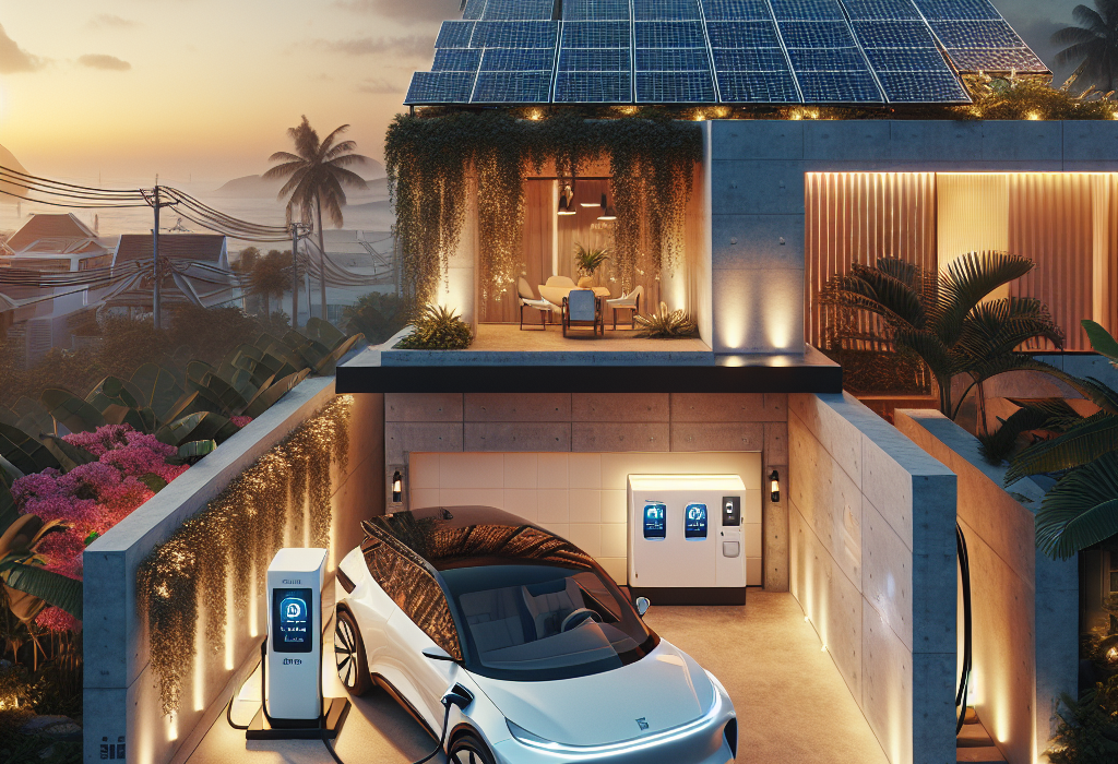 Mái nhà hiện đại được lắp đặt các tấm pin mặt trời, bên dưới là một chiếc ô tô điện màu trắng đang được sạc trong gara.