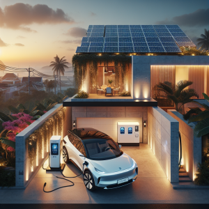 Mái nhà hiện đại được lắp đặt các tấm pin mặt trời, bên dưới là một chiếc ô tô điện màu trắng đang được sạc trong gara.