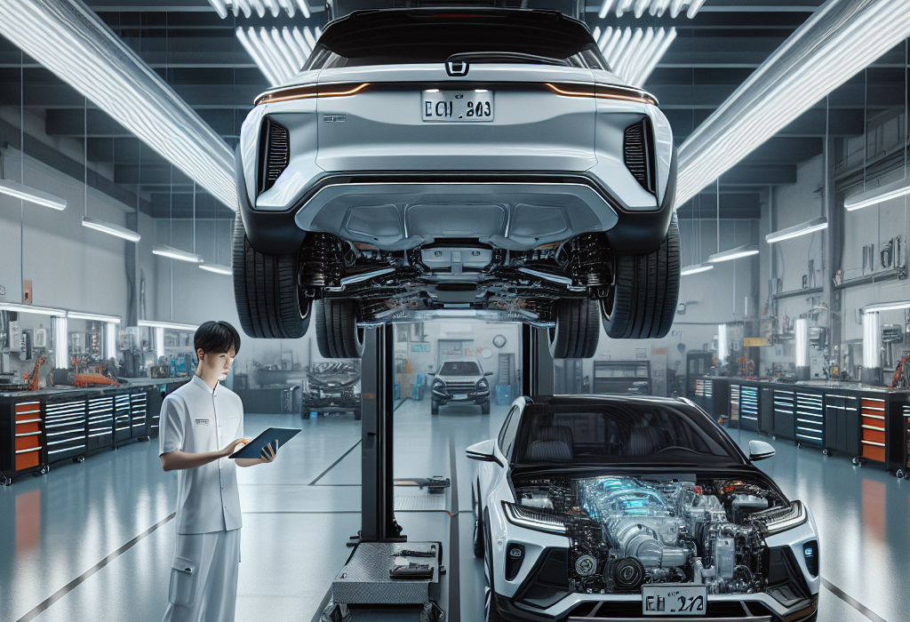 Kỹ thuật viên đang sử dụng máy chẩn đoán để kiểm tra hệ thống pin trên một chiếc xe điện VinFast màu trắng trong xưởng dịch vụ hiện đại.