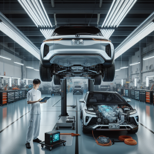 Kỹ thuật viên đang sử dụng máy chẩn đoán để kiểm tra hệ thống pin trên một chiếc xe điện VinFast màu trắng trong xưởng dịch vụ hiện đại.