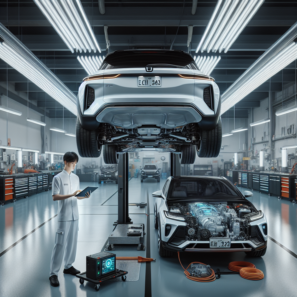 Kỹ thuật viên đang sử dụng máy chẩn đoán để kiểm tra hệ thống pin trên một chiếc xe điện VinFast màu trắng trong xưởng dịch vụ hiện đại.