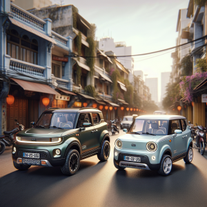 Hình ảnh so sánh song song xe điện Wuling Mini EV màu hồng và VinFast VF 3 màu xanh, thể hiện sự khác biệt về thiết kế.