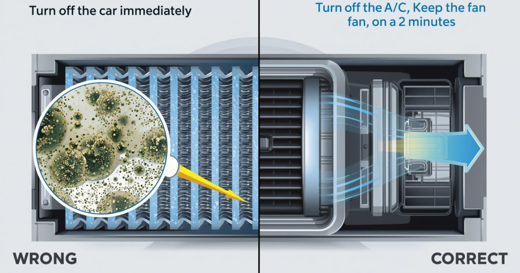 Minh họa kỹ thuật tại sao tắt A/C trước khi tắt xe giúp chống mùi ẩm mốc điều hòa