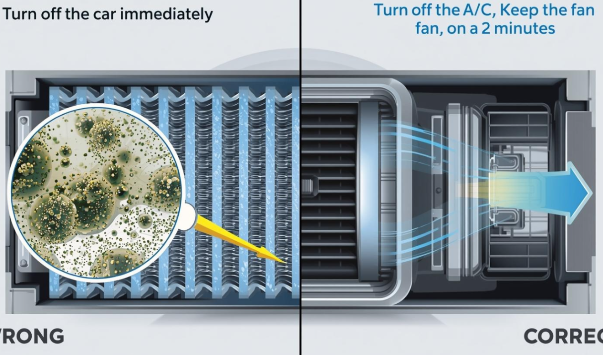 Mẹo Chống Mùi Ẩm Mốc Điều Hòa: Tắt A/C 2 Phút Trước Khi Tắt Xe