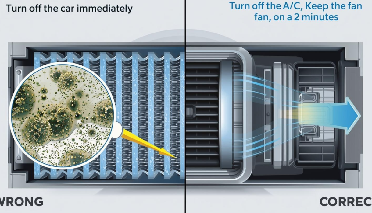 Minh họa kỹ thuật tại sao tắt A/C trước khi tắt xe giúp chống mùi ẩm mốc điều hòa