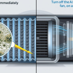 Minh họa kỹ thuật tại sao tắt A/C trước khi tắt xe giúp chống mùi ẩm mốc điều hòa