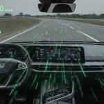 Hình ảnh minh họa xe điện thu thập dữ liệu an toàn của người lái, bao gồm tốc độ, vị trí, và camera trong cabin.