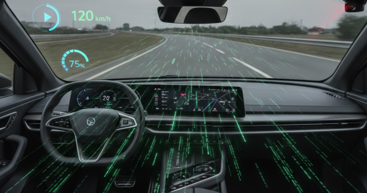 Hình ảnh minh họa xe điện thu thập dữ liệu an toàn của người lái, bao gồm tốc độ, vị trí, và camera trong cabin.