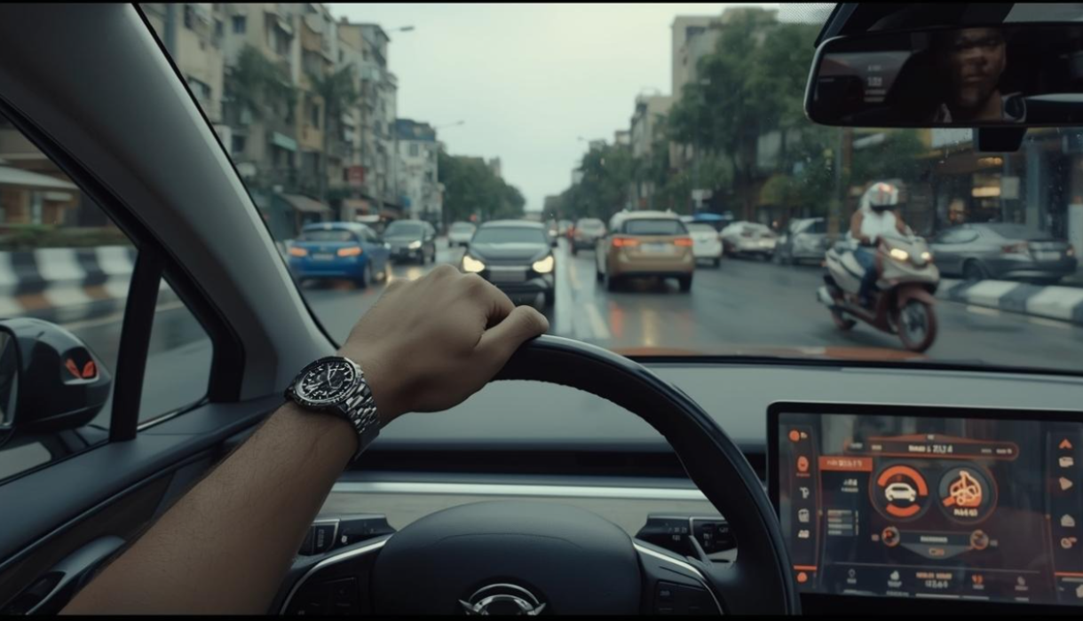 Người lái "giành lái" hệ thống ADAS khi một chiếc xe máy tạt đầu trong trời mưa, minh họa thời điểm không nên tin vào hỗ trợ lái.