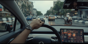 Người lái "giành lái" hệ thống ADAS khi một chiếc xe máy tạt đầu trong trời mưa, minh họa thời điểm không nên tin vào hỗ trợ lái.