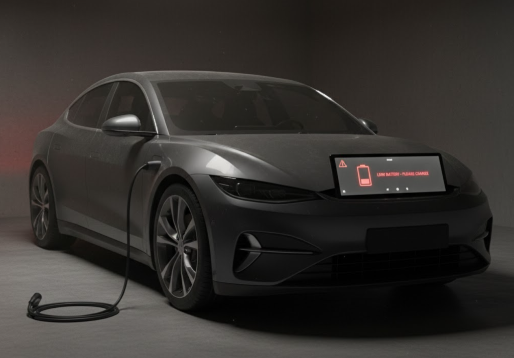 Hình ảnh xe điện đỗ lâu ngày trong garage, pin báo đỏ 0%, dây sạc chưa cắm.