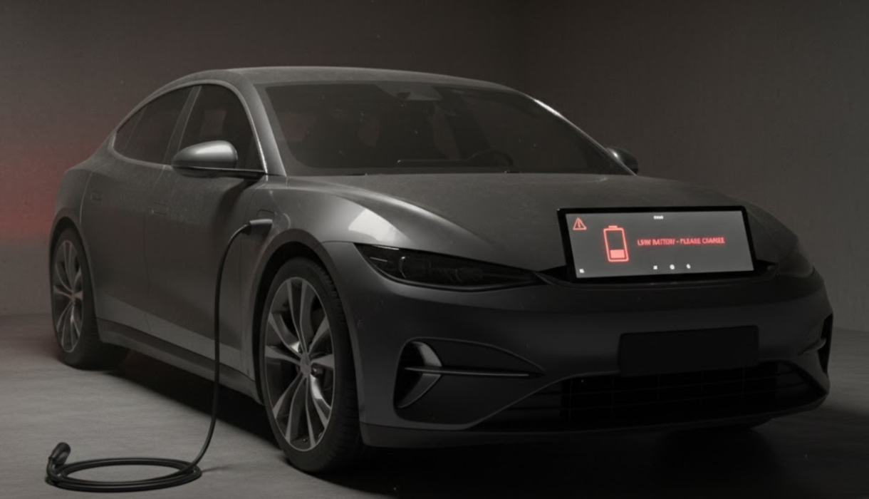 Hình ảnh xe điện đỗ lâu ngày trong garage, pin báo đỏ 0%, dây sạc chưa cắm.