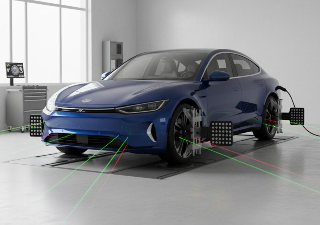 Xe điện đang được cân chỉnh thước lái bằng máy cân bằng tại xưởng