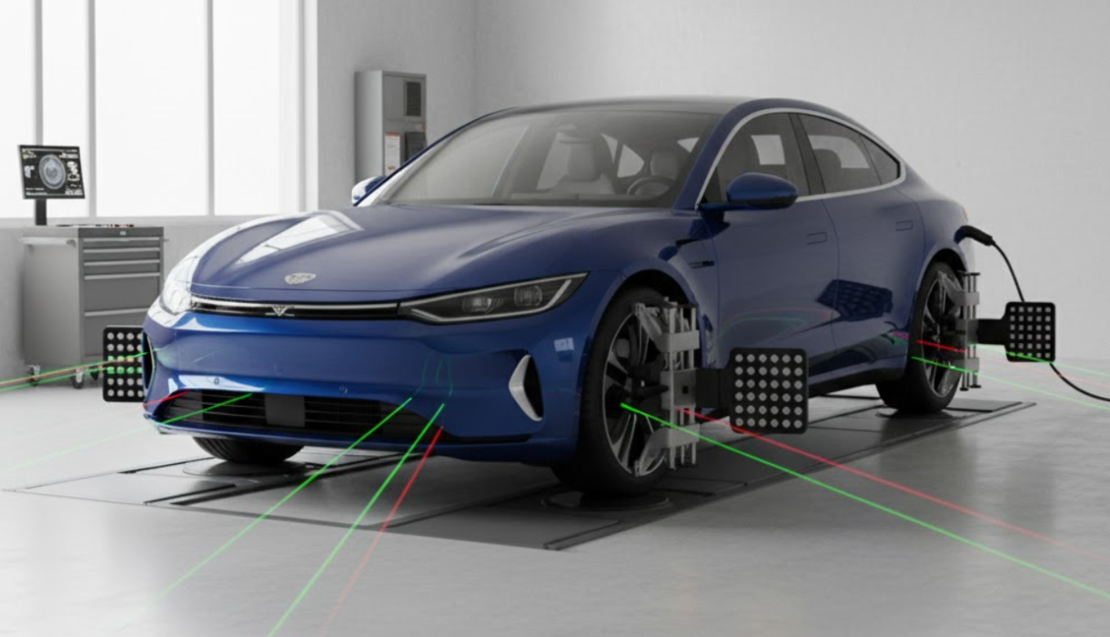Xe điện đang được cân chỉnh thước lái bằng máy cân bằng tại xưởng
