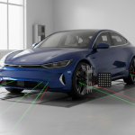 Xe điện đang được cân chỉnh thước lái bằng máy cân bằng tại xưởng