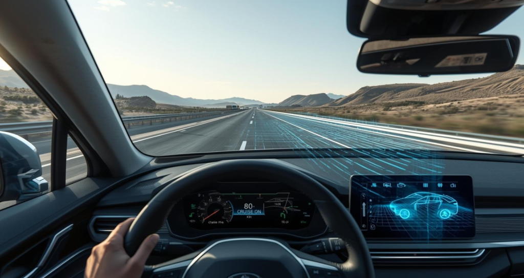 Khoang lái ô tô điện bật cruise control trên cao tốc, hiển thị tốc độ ổn định và biểu tượng Eco