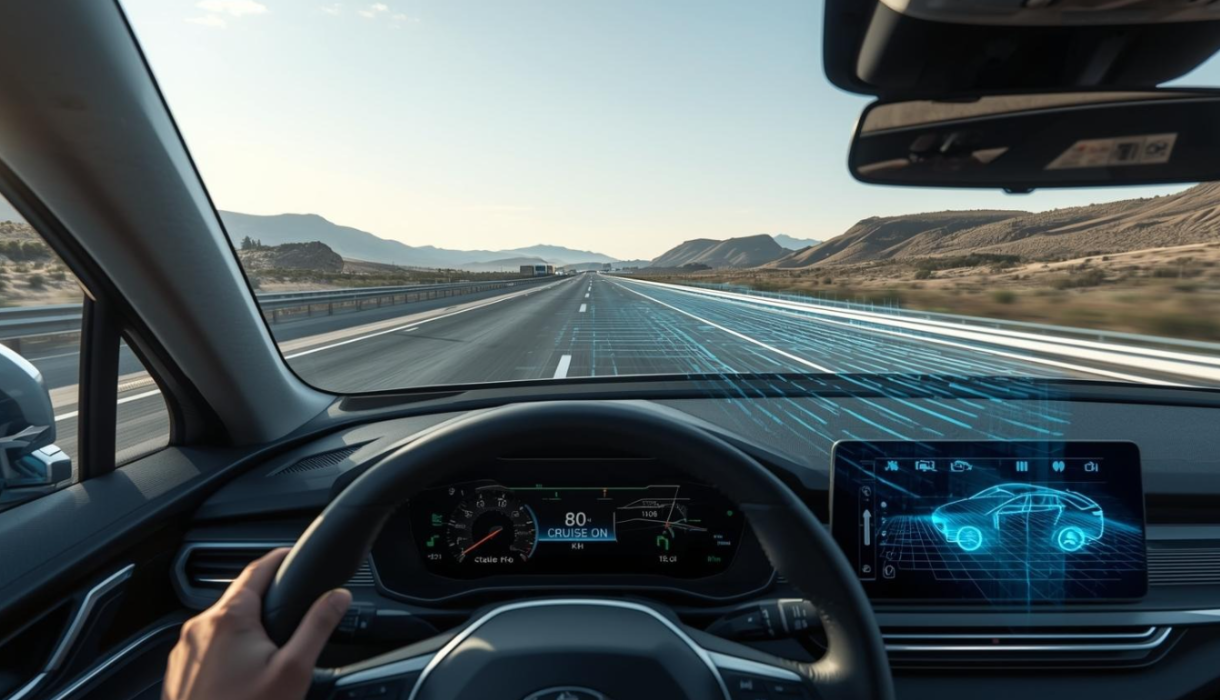 Khoang lái ô tô điện bật cruise control trên cao tốc, hiển thị tốc độ ổn định và biểu tượng Eco