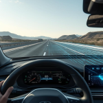 Khoang lái ô tô điện bật cruise control trên cao tốc, hiển thị tốc độ ổn định và biểu tượng Eco