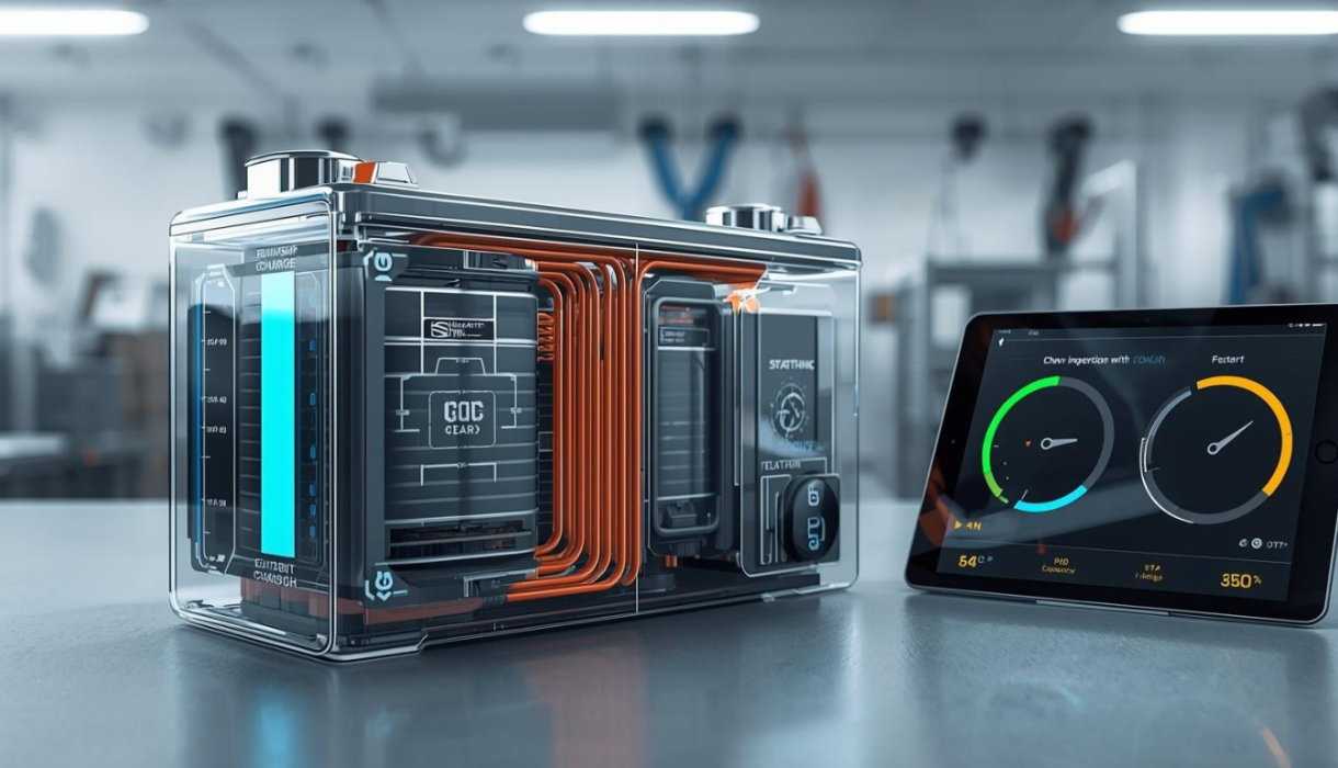 Minh họa SoC và SoH cho pin ô tô điện, gauge SoC và vòng SoH trên phần cắt lớp pin