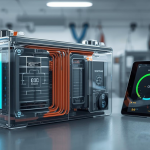 Minh họa SoC và SoH cho pin ô tô điện, gauge SoC và vòng SoH trên phần cắt lớp pin